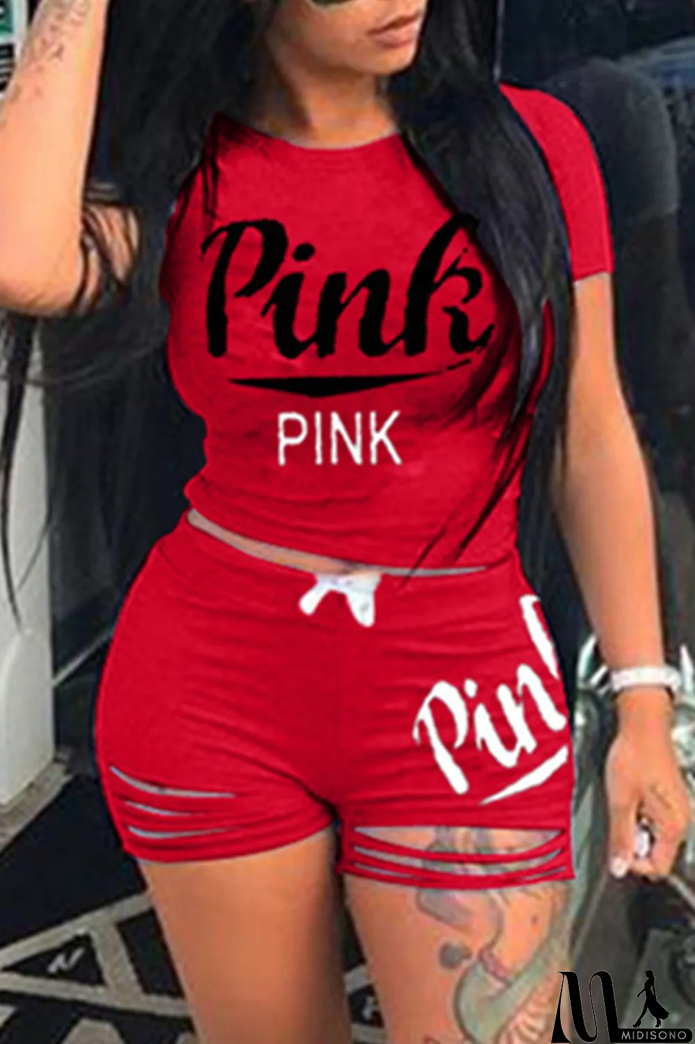 MidiSono - Pink Fashion Casual Letter Print Ripped O Neck Short Sleeve Two Pieces