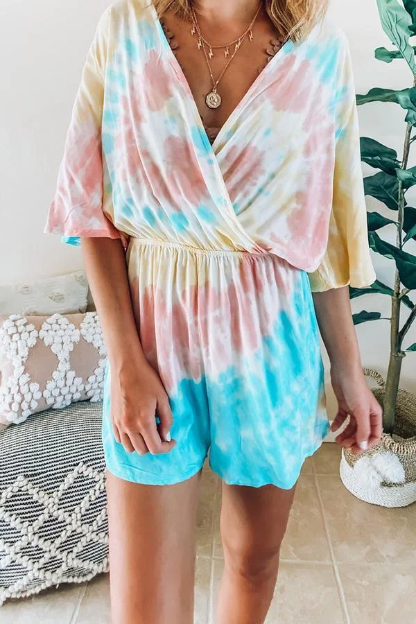 Womens Deep V-neck Tie-dye Elastic-waist Romper-Allyzone-Allyzone