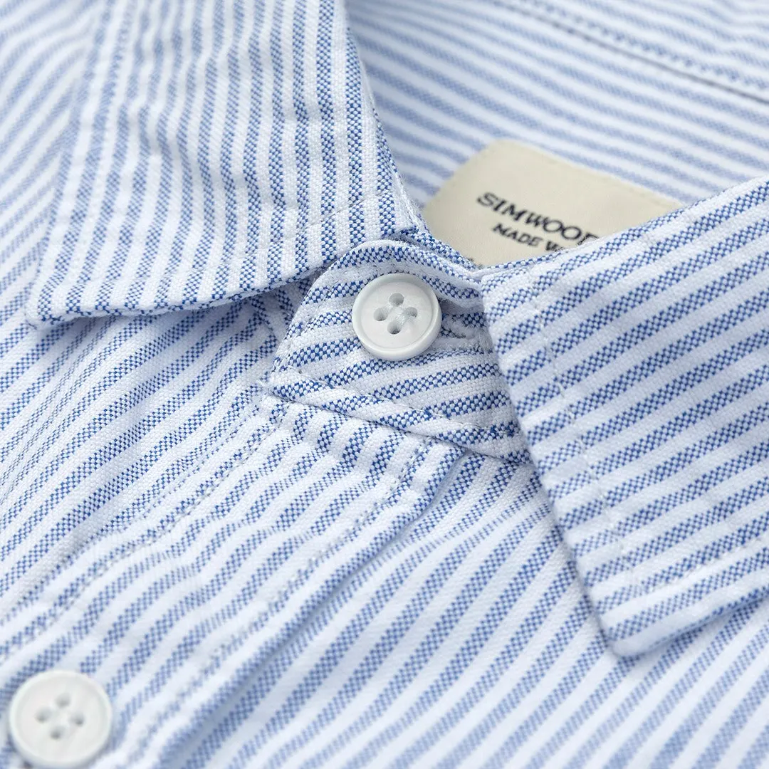 SIMWOOD 2021 Summer New Short Sleeve Oxford Shirts Men Vertical Striped Logo Print Oversize 100% Cotton Loose Plus Size Shirts