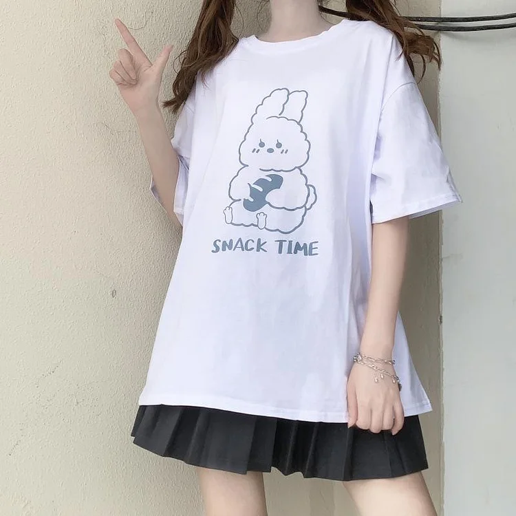 SNACK TIME Letter Bunny Print T-Shirt - Modakawa Modakawa