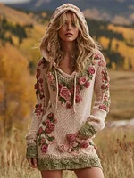 Women's Rose Embroidery Art Knit Hooded Mini Sweater Dress