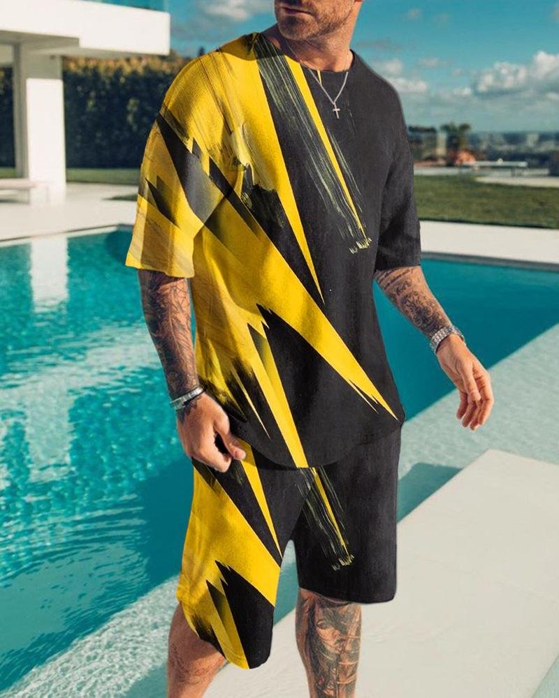 Men's Fashion Yellow Abstract Printing Shorts Suit