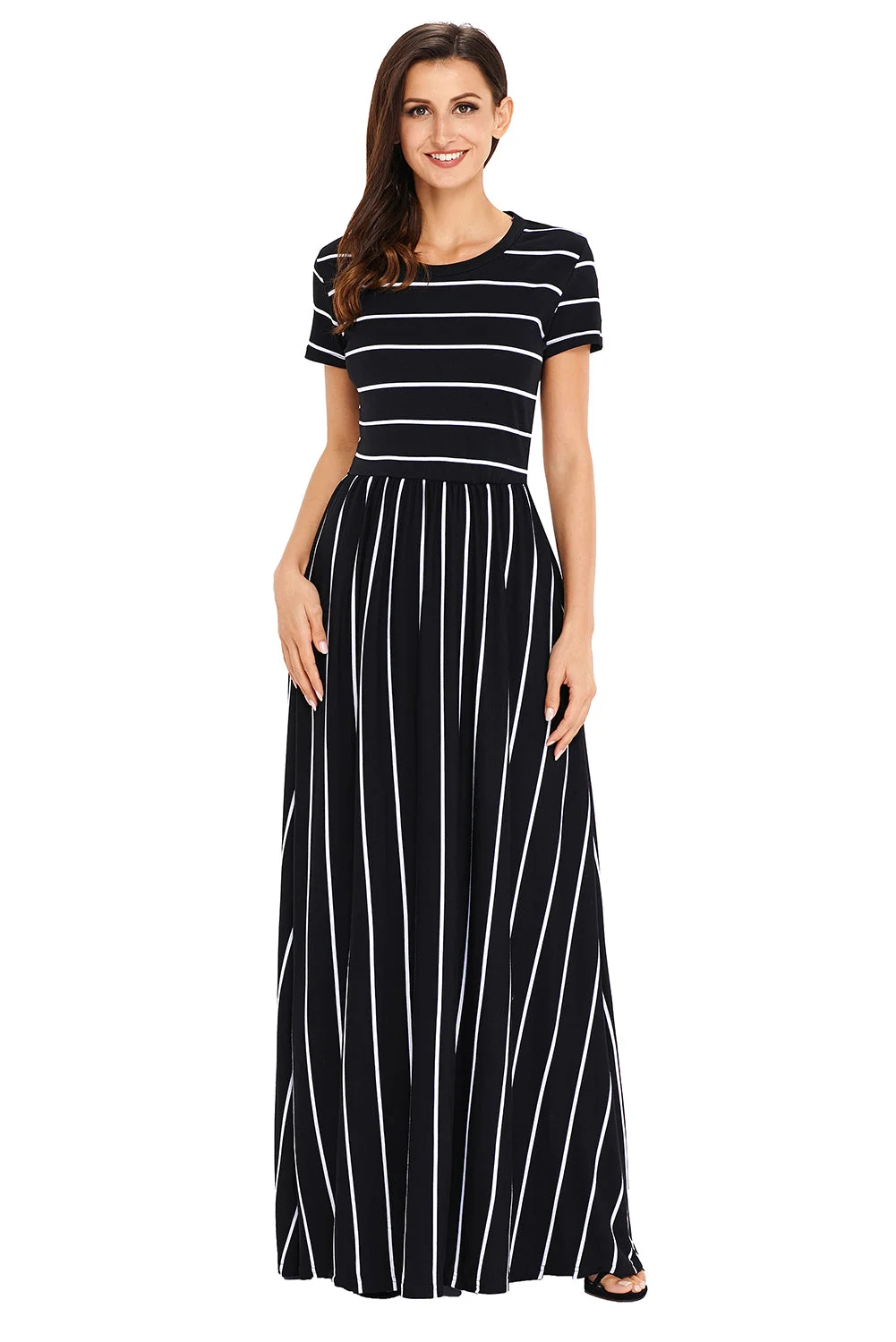 Women Black Striped Black Short Sleeve Maxi Dress
