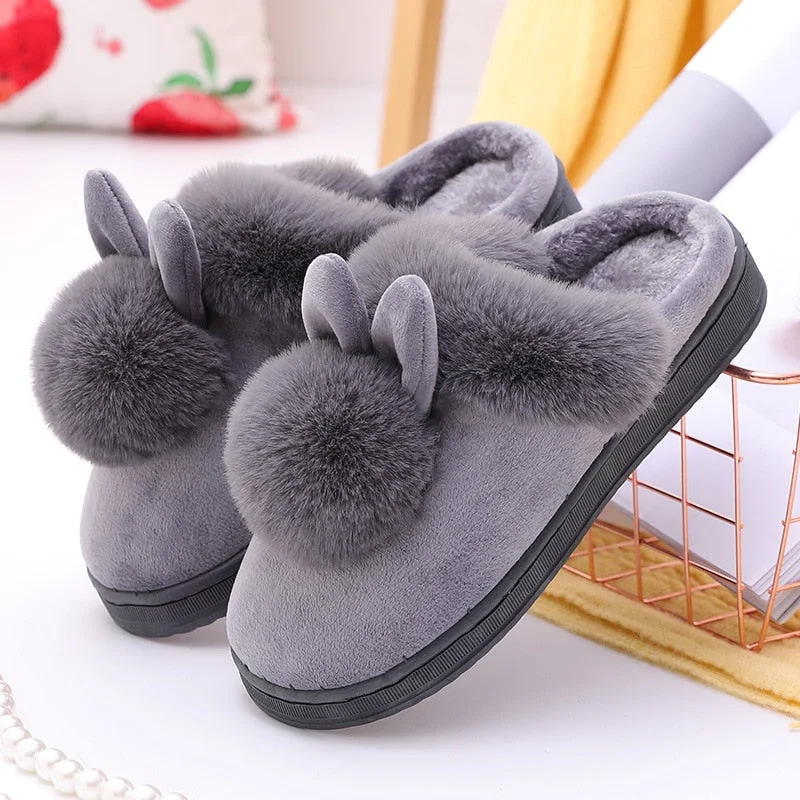 Men and Women Couple Winter Warm Slippers Female Rabbit Pattern Non-Slip Thicken Indoor Home Plush Slippers Cotton Shoes