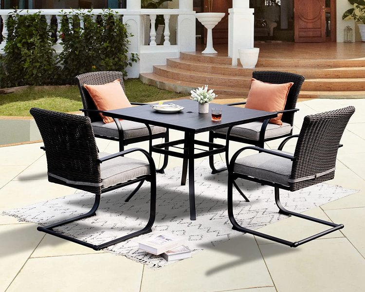 Grand Patio Outdoor 5 Piece Dining Table Set, Modern Woodgrain-Look Metal Table and Wicker Chairs for 4, Patio Furniture Set for Yard, Backyard, Garden, Deck, Poolside
