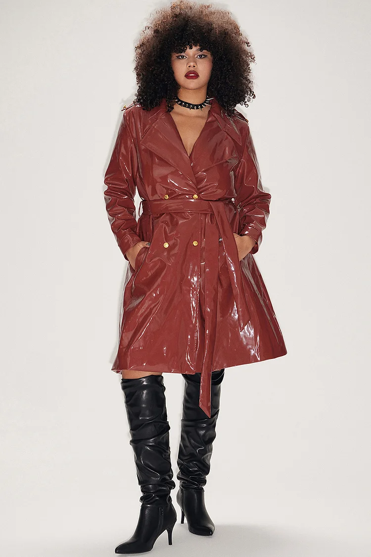 Xpluswear Design Plus Size Daily Trench Coat Burgundy Double-Breasted PU Leather Jacket Trench Coat With Slip Pockets [Pre-Order]
