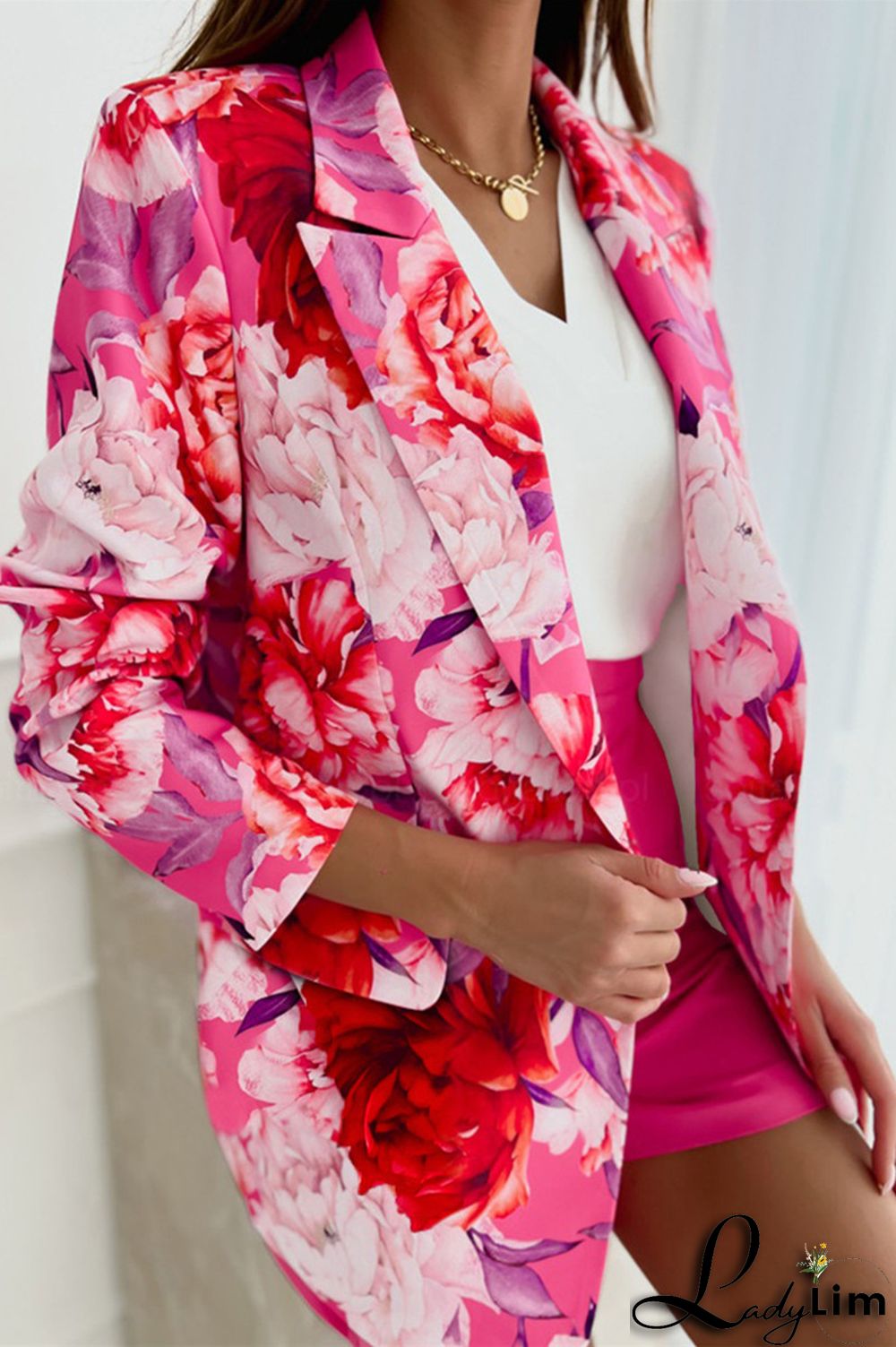 Rose Red Fashion Casual Not Positioning Printed Patchwork Cardigan Turn-back Collar Outerwear