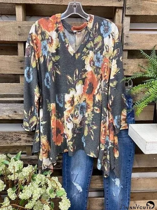 Bohemian Floral Print Irregular Hem Casual T-Shirt for Women