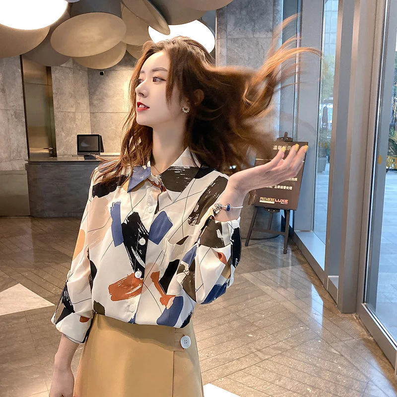 XEJ Printed Shirt for Women Chiffon Shirt Women Korean Fashion Long Sleeve Top Temperament Fashion Bottoming Shirt Tunic