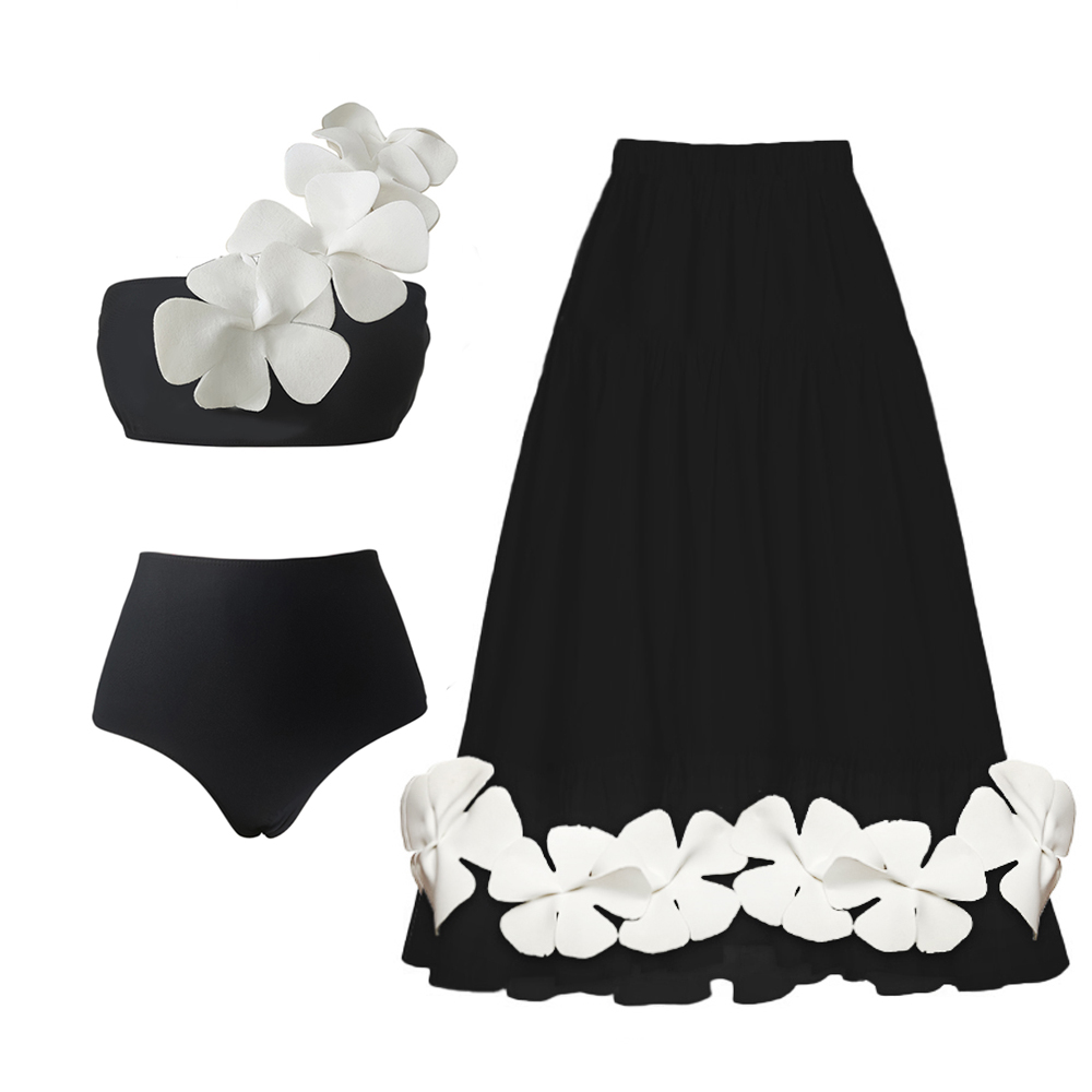 One Shoulder 3D Flower Black Bikini Swimsuit and Skirt - Ladylim