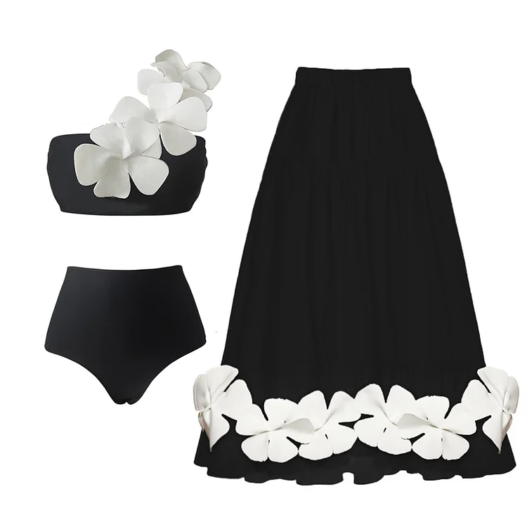 One Shoulder 3D Flower Black Bikini Swimsuit and Skirt Flaxmaker