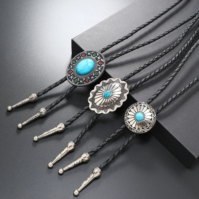 Retro Geometric Pu Leather Alloy Turquoise Enamel Unisex Bolo Tie Necklaces