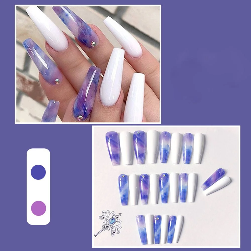 24Pcs/Box Extra Long Ballerina False Nails Purple Blue Mixed Wearable Coffin Fake Nails Full Cover Nail Tips Press On Nails