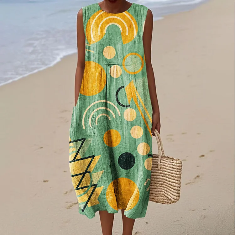 Women's Colorful Geometric Abstract Art Print Sleeveless Cotton Pocket Wrap Dress