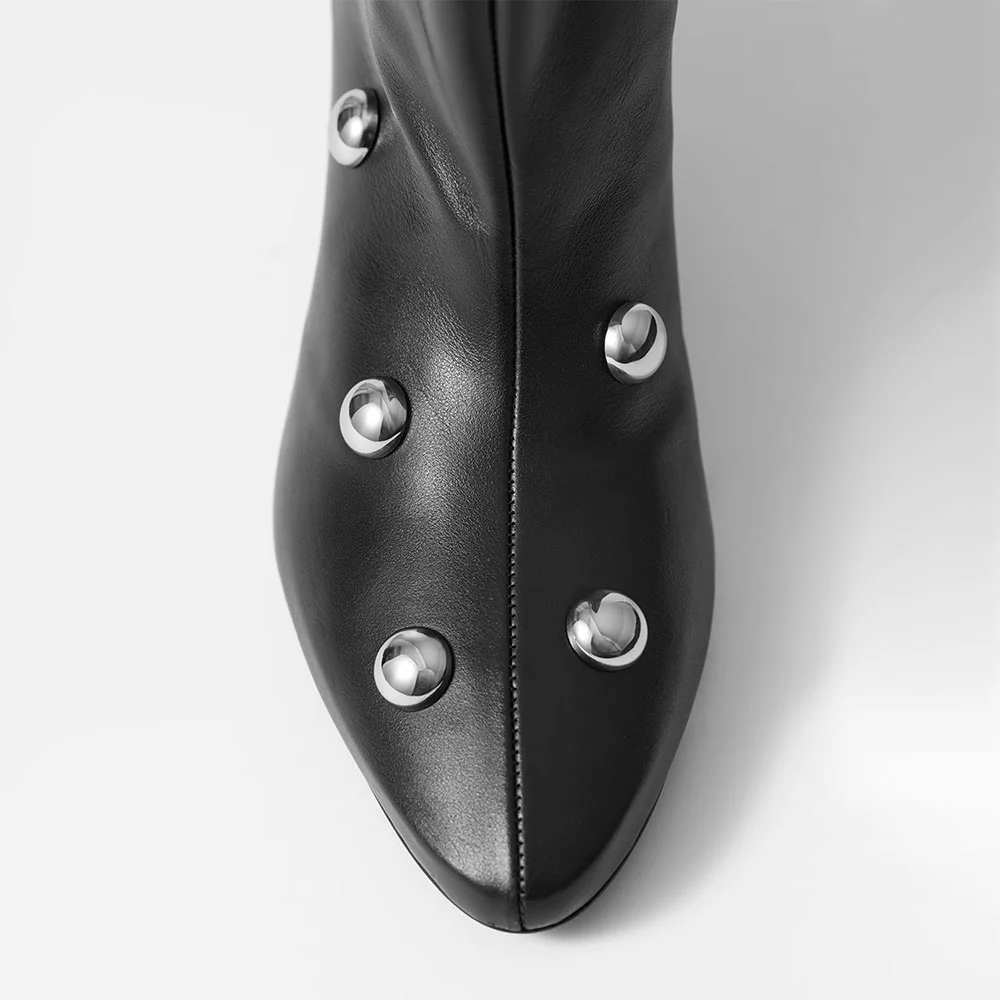 Black Closed Toe Studded Slip On Low Kitten Heeled Ankle Boots