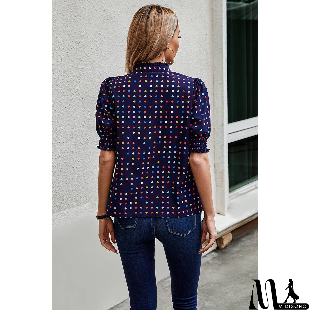 MidiSono - Polka Dot Print Puff Sleeve Button Shirt