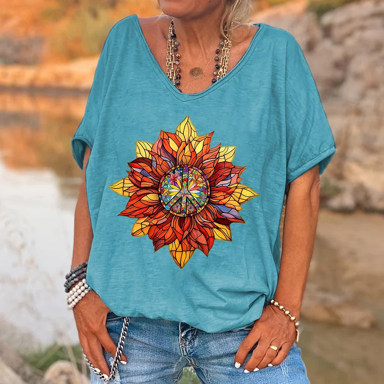 Hippie Flower Printed V-Neck Women's T-shirt