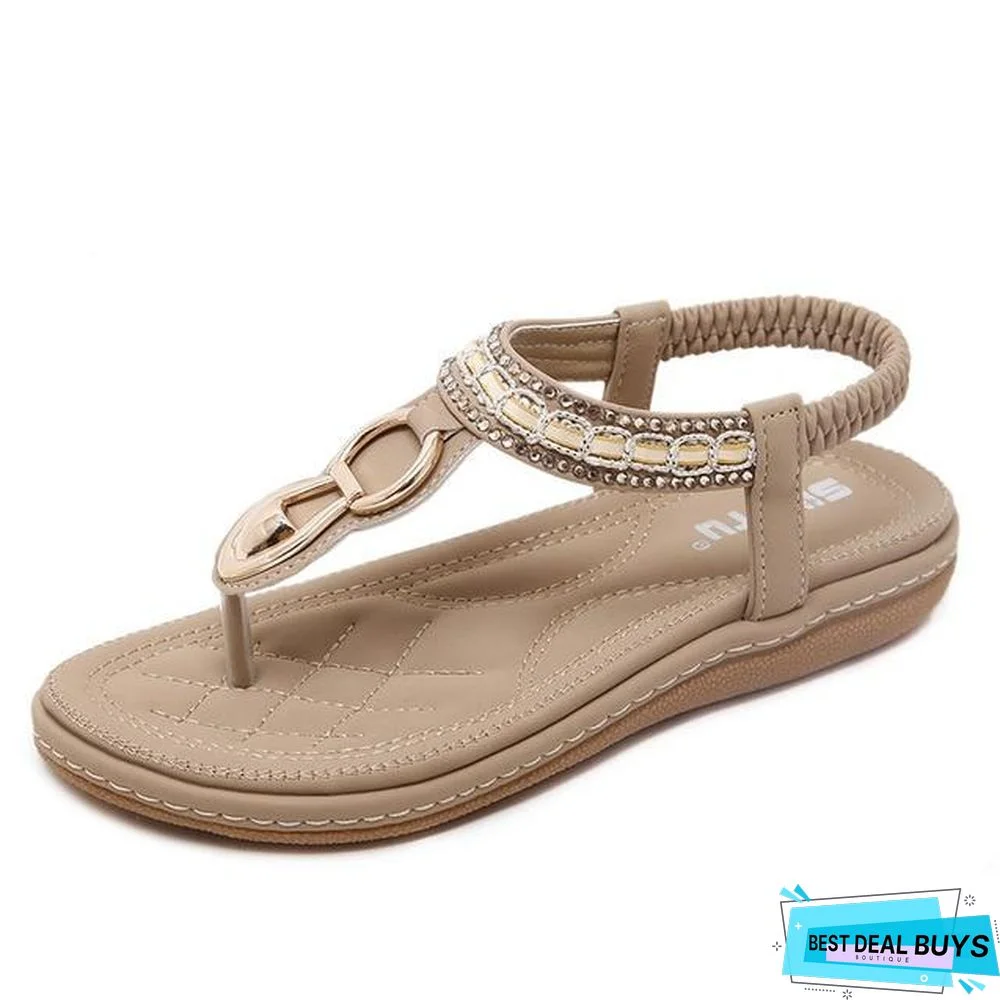 Women String Bead Flip Flop Metal Decoration Wedge Beach Sandals