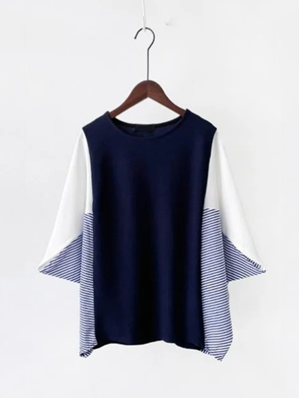 Batwing Sleeves Loose Contrast Color Split-Joint Round-Neck T-Shirts Tops