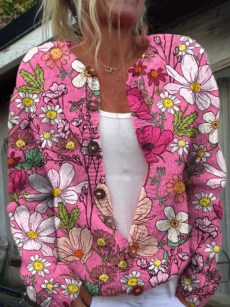 Lovely Meadows Floral Pattern Print Buttoned Cardigan Sweater
