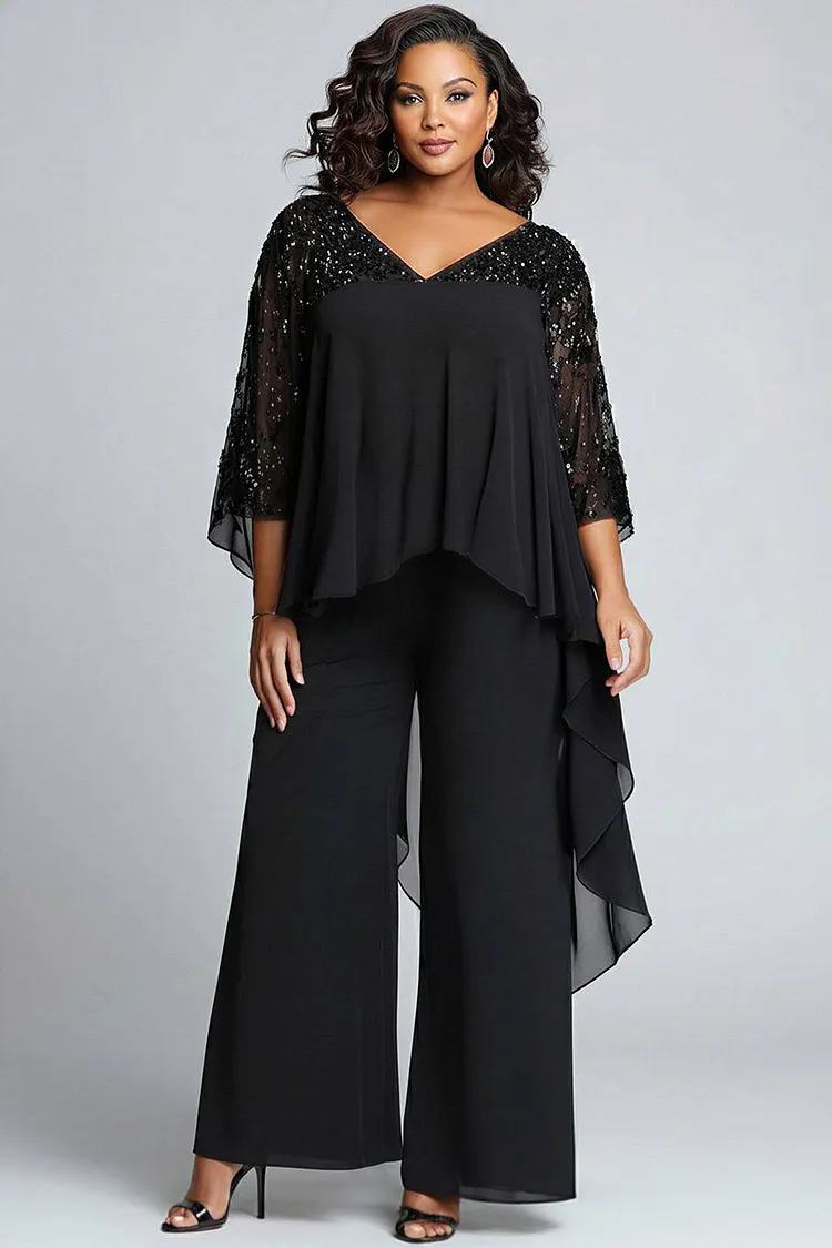 Xpluswear Design Plus Size Formal Black V Neck Flare Half Sleeve Asymmetric Hem Pocket Chiffon Two Piece Pant Sets [Pre-Order] 2024 - Xpluswear