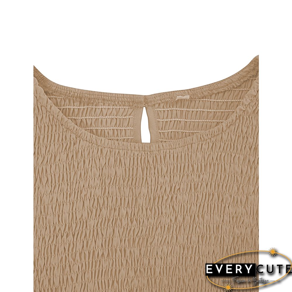 Khaki Crew Neck Smocked Swing Midi Dress