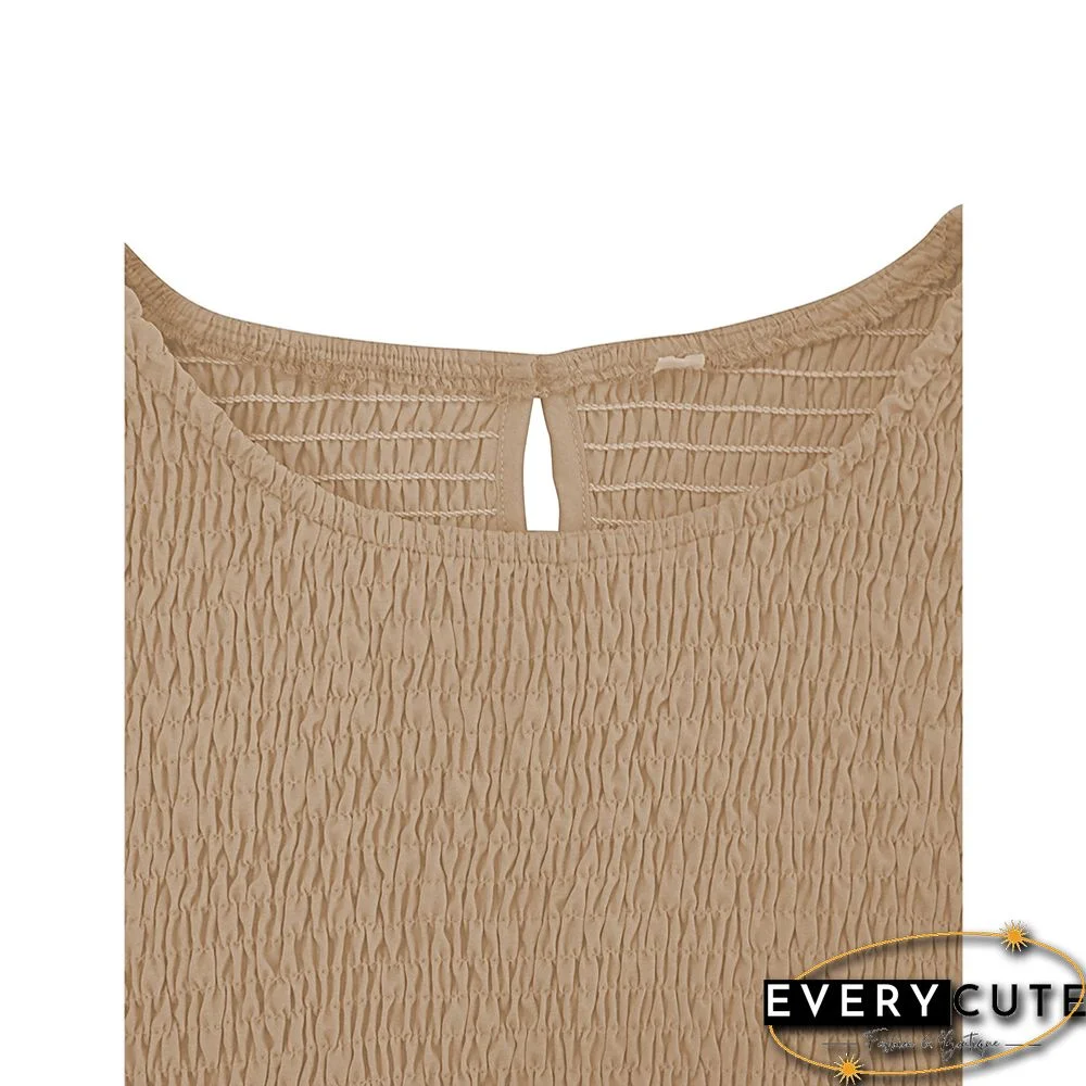 Khaki Crew Neck Smocked Swing Midi Dress