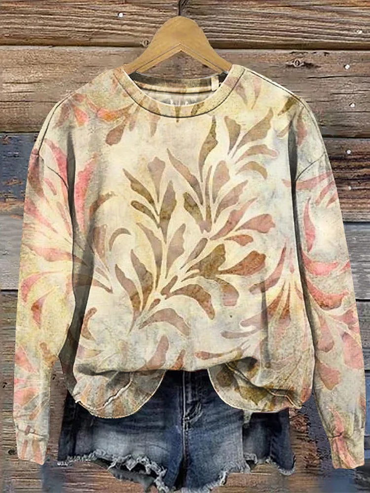 Women's Vintage Leaf Print Casual Crew Neck Sweatshirt