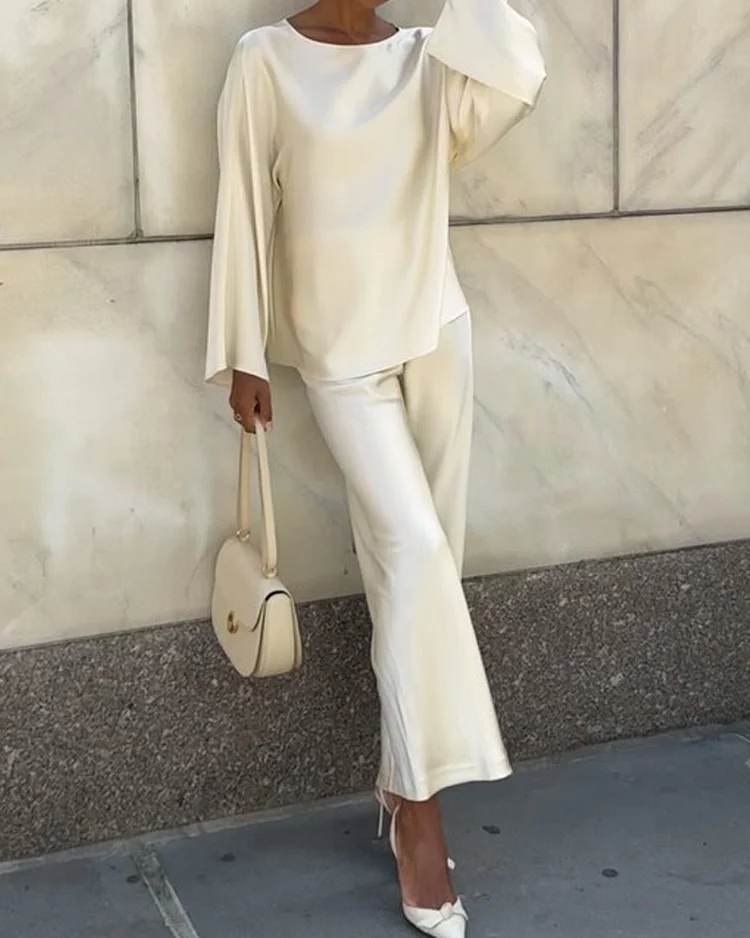 Round neck loose casual solid color two-piece suit