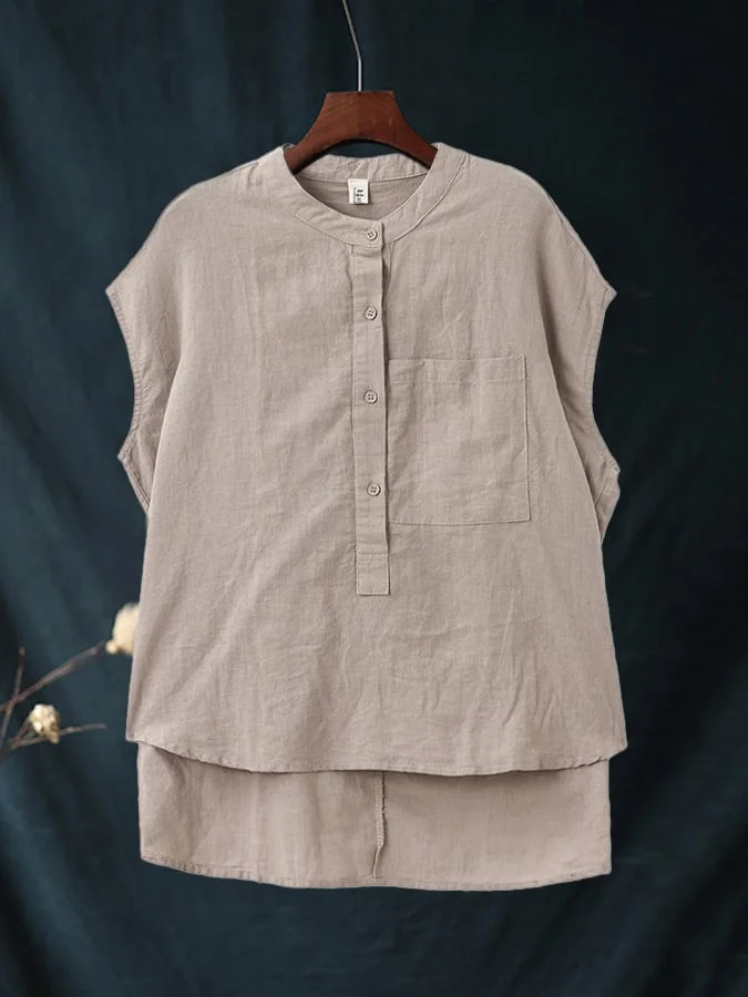 Ladies Casual Sleeveless Shirt With Stand Collar Button Design