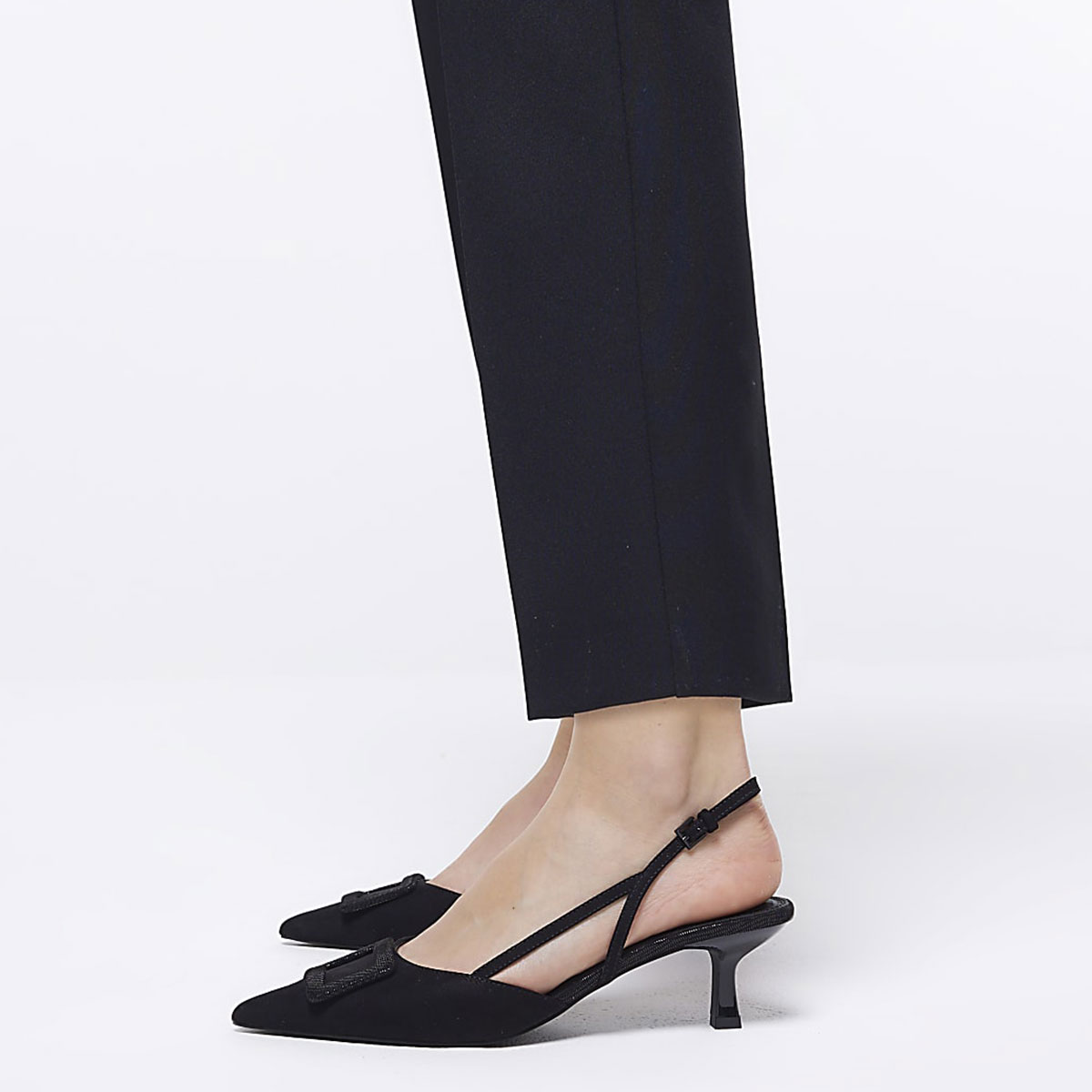 Black Slip-On Pointed Toe Kitten Heel Slingback Pumps with Buckle Nicepairs