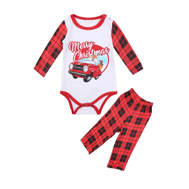 Merry Christmas Santa and Car Cartoon Print Red Plaid Family