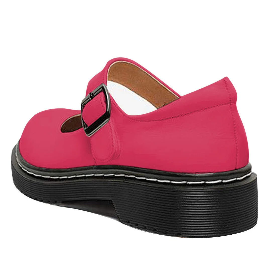 Vegan Leather Round Toe Strappy Platform Mary Janes in Fuchsia