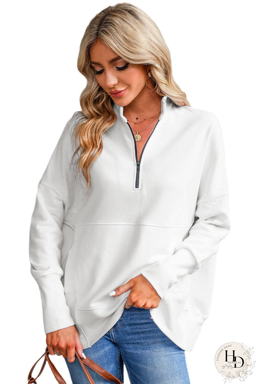 Cozy White Ribbed Pullover with Quarter-Zip Detail