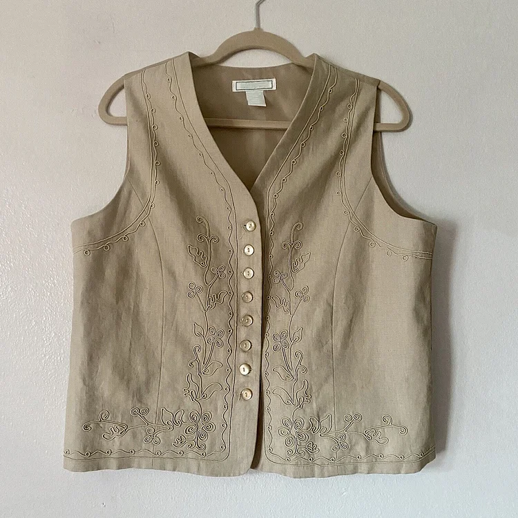 Women's Vintage Floral Linen Blend Classic  Vest