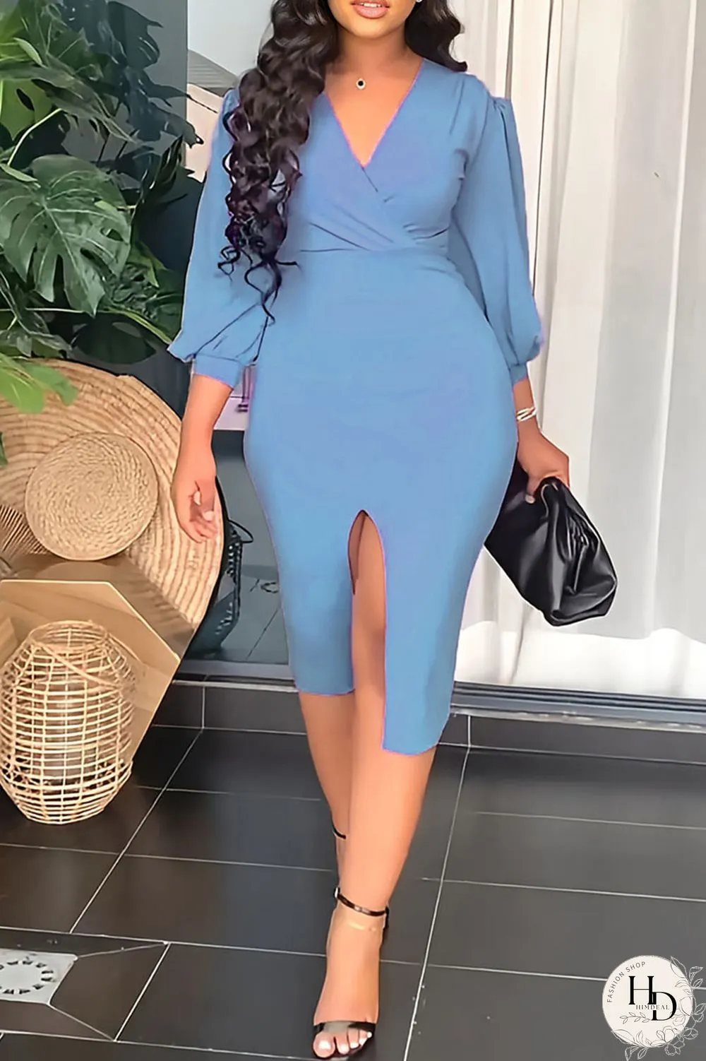 Blue Fashion Casual Solid Split Joint Slit V Neck Long Sleeve Dresses