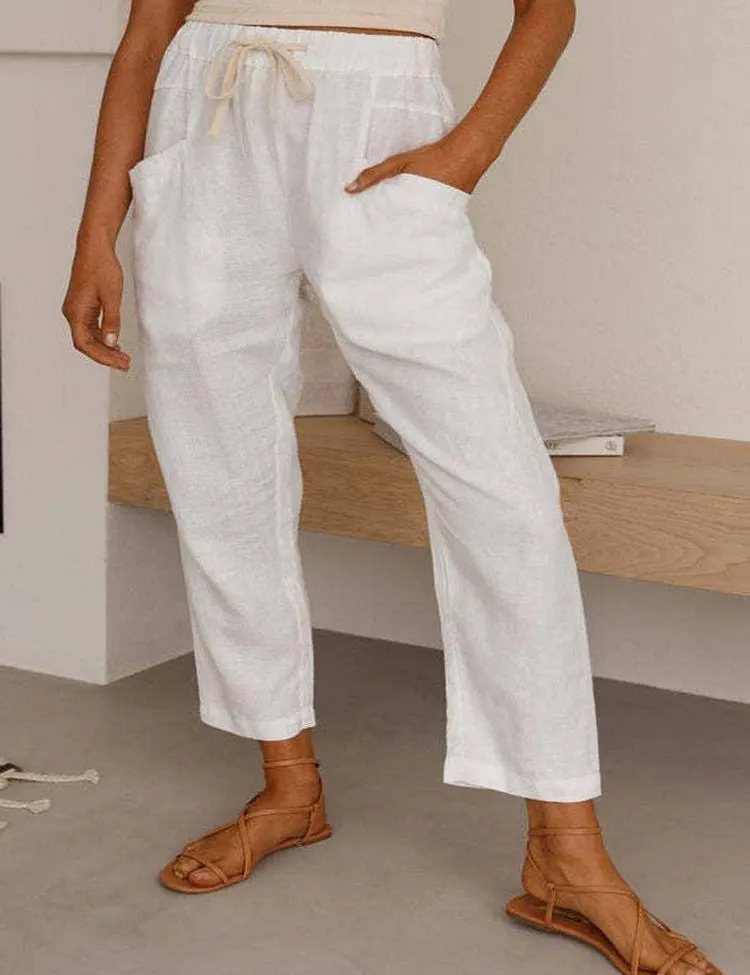 Solid Color Linen Casual Fit Ladies Pants SKP0111