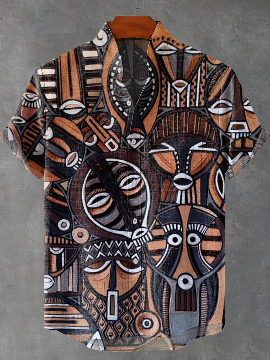 Vintage Abstract African Geometric Mask Painting Art Print Casual 100% Cotton Shirt