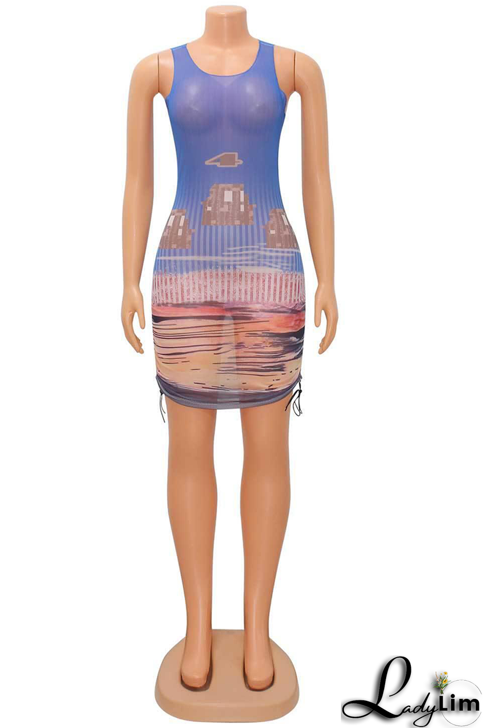 Blue Sexy Print Patchwork O Neck Pencil Skirt Dresses
