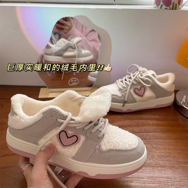 2022 Spring Plush Zapatillas Mujer Lovely Heart Patchwork Woman Vulcanize Shoes Casual Warm Outdoor Daily Wear Students Sneakers