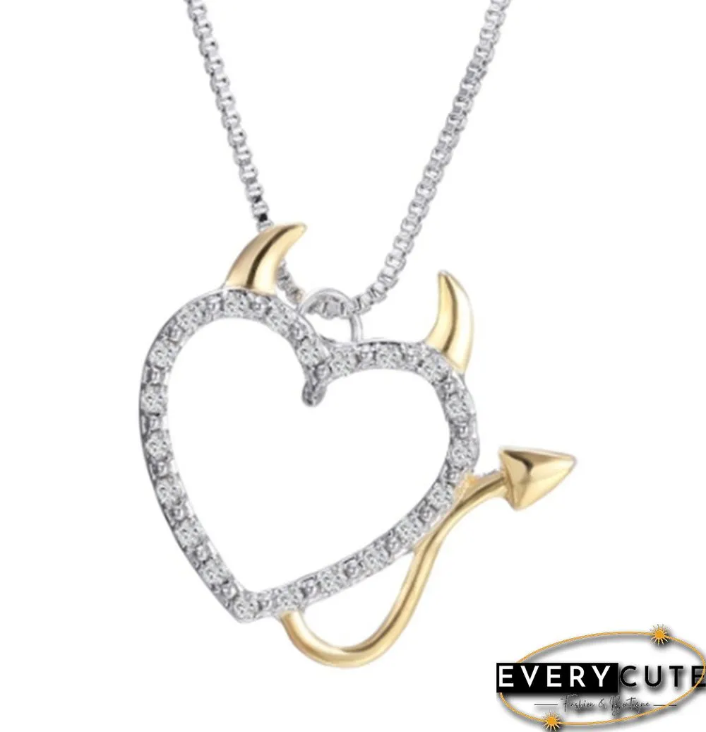 925 Standard Silver Love Heart Accent Devil Pendant Necklaces Jewelry for Women Summer