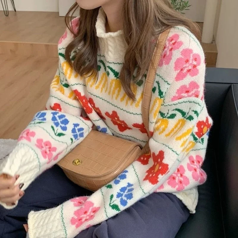 Korobov Korean Turtleneck Long Sleeve Oversize Sweaters Pullovers Japanese Style Chic Flower Knit Sweater Vintage Jumpers Femme