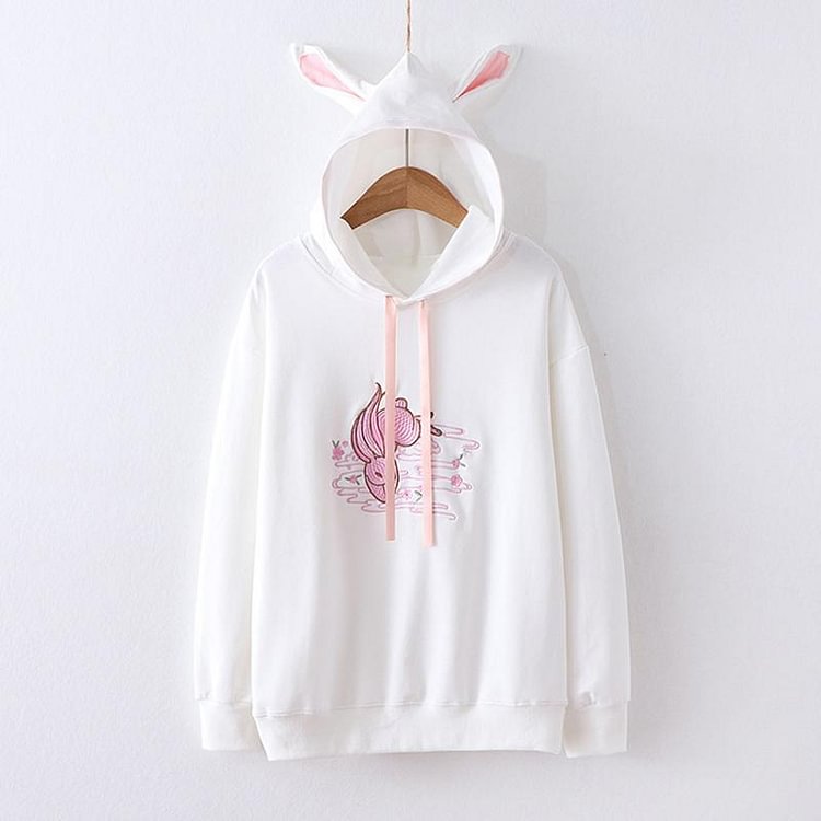 Rabbit Carrot Embroidery Drawstrings Hoodie - Modakawa Modakawa