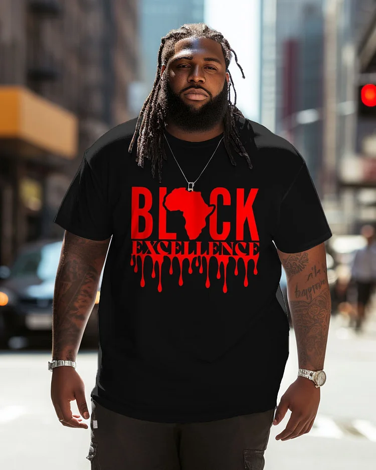 Men's Large Size Black Excellence Crew Neck Short Sleeve T-Shirt