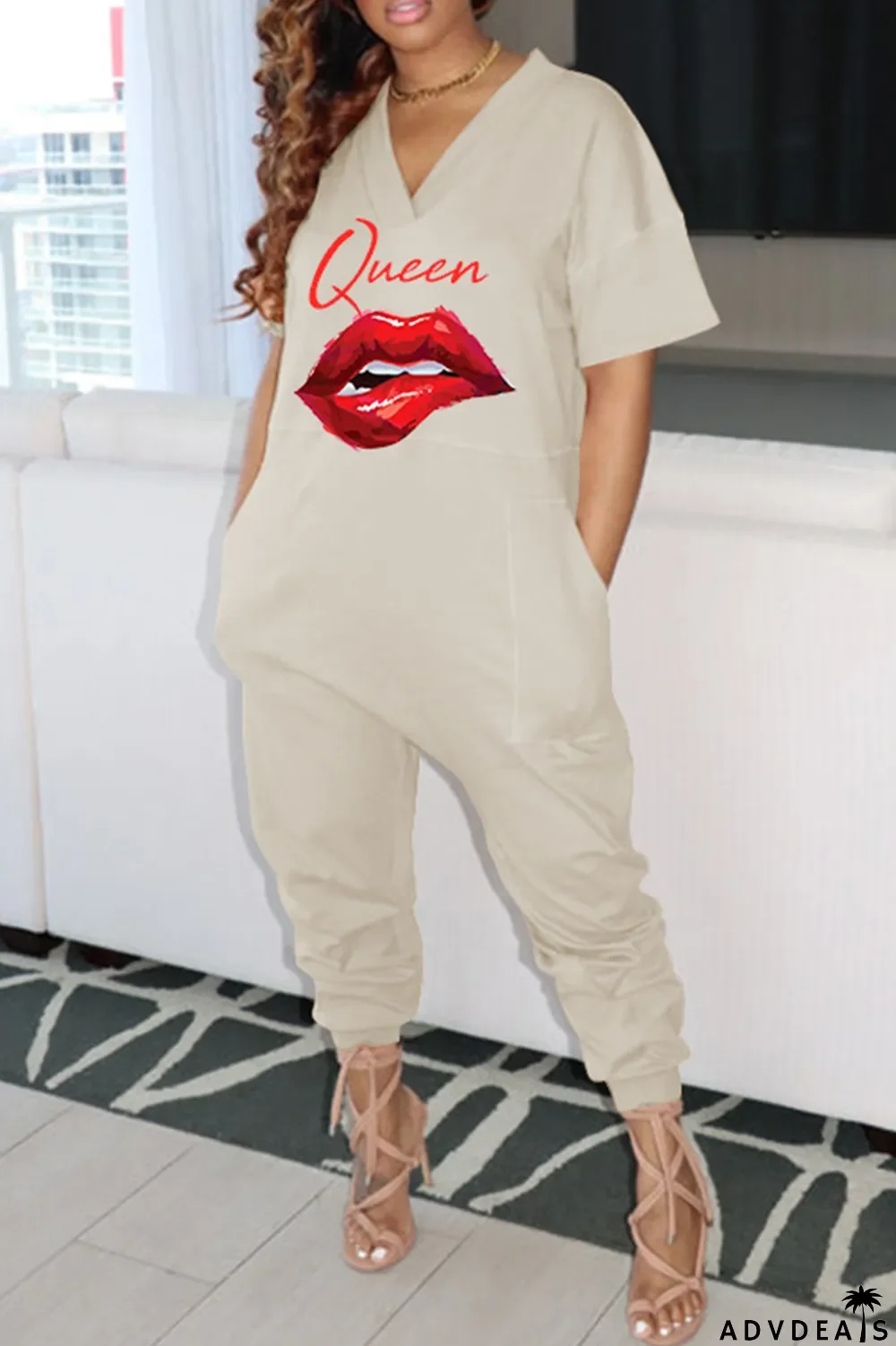 Green Fashion Casual Print Basic V Neck Regular Jumpsuits