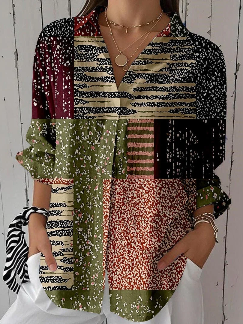 Women 3/4 Sleeve Shirt Collar Floral Printed Graphic Button Tops
