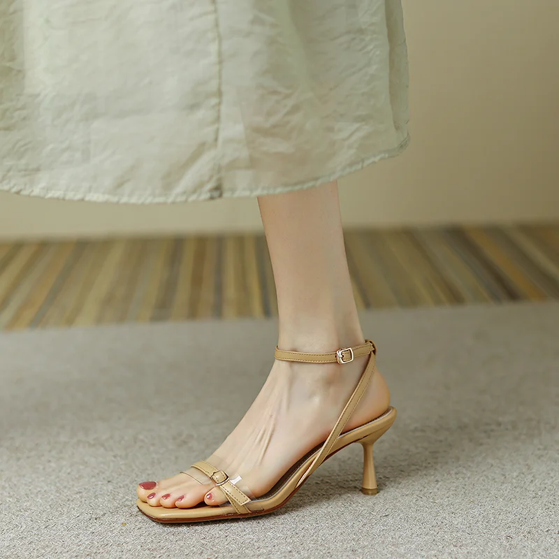 qengg Size 34-39 Women Sandals Genuine Leather High Heels Shoes For Women Summer Ankle Strap Buckle Sexy Stiletto Sandalias