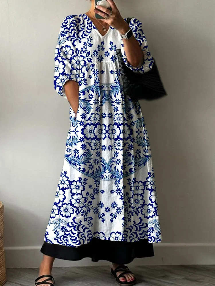 Women's  Retro Flower Print Pocket V-neck Cotton Dress