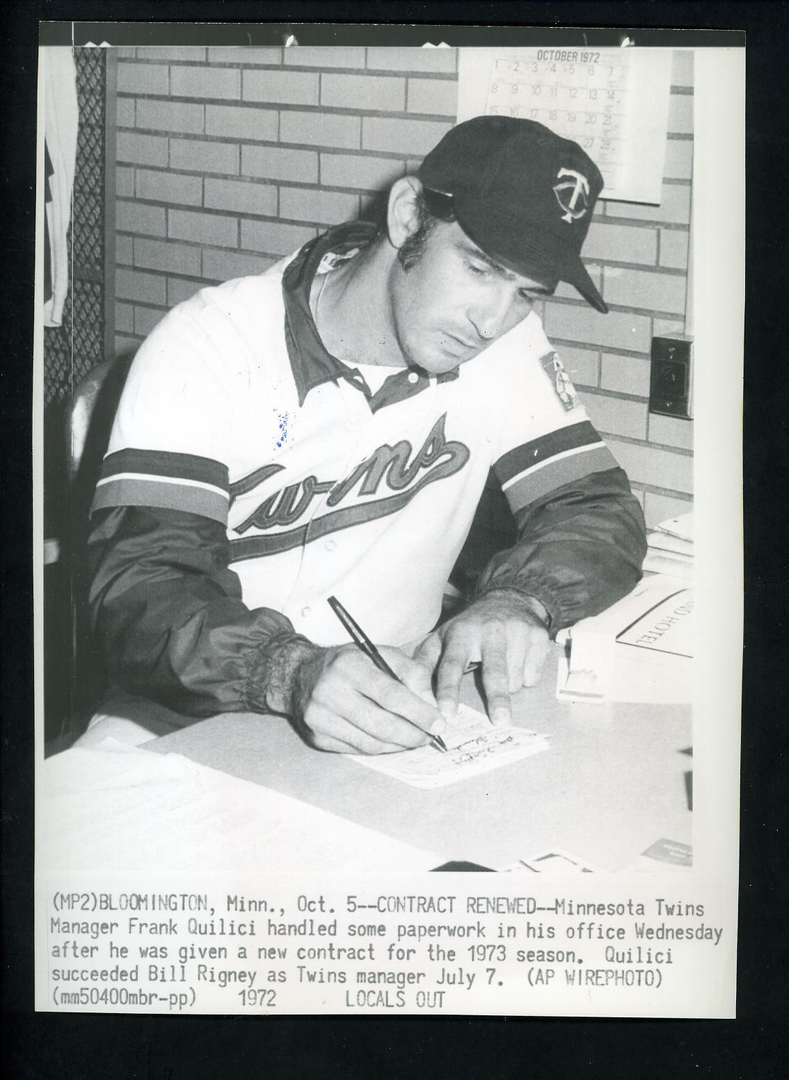 Minnesota Twins Manager Frank Quilicy 1972 Press Photo Poster painting