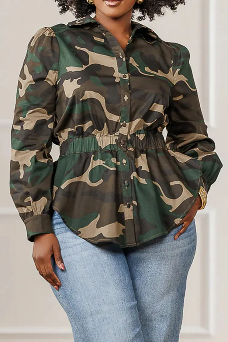 Plus Size Business Casual Army Green Camo Shirt Collar Long Sleeve Blouses [Pre-Order] 2024 - Xpluswear
